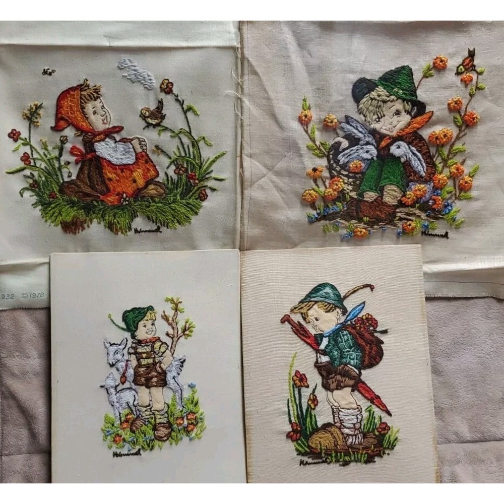 Hummel Unframed Girl and Boy Vtg Set Of 4 Needle‎ Point 1970's Cottage-core